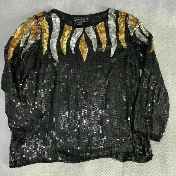 Vintage Sequin Jean for Joseph Le Bon 100% Silk Black, Silver Gold Holiday Paris - Picture 1 of 7